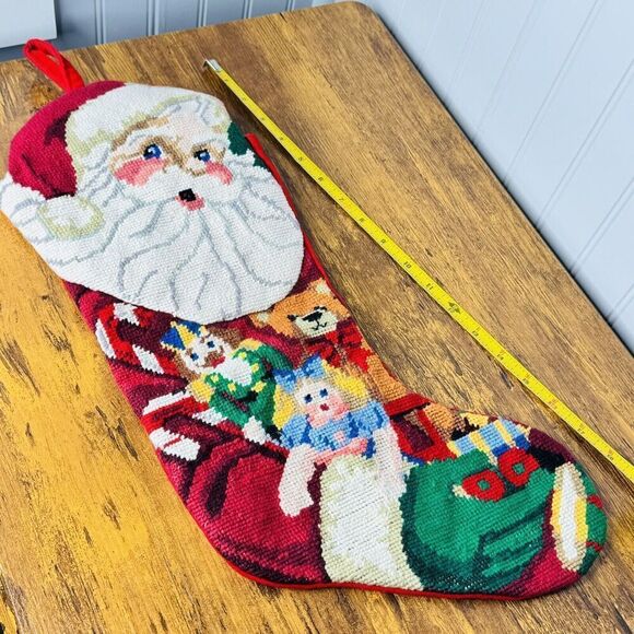 Vintage Santa Face Finished Needlepoint Christmas Stocking Toy Bag Teddy Bear - Picture 9 of 9